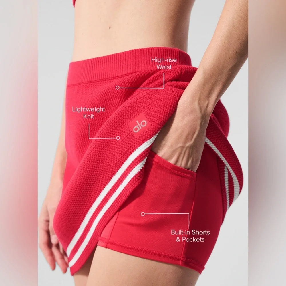ALO Yoga Red Knit Tennis Skirt with White Stripe